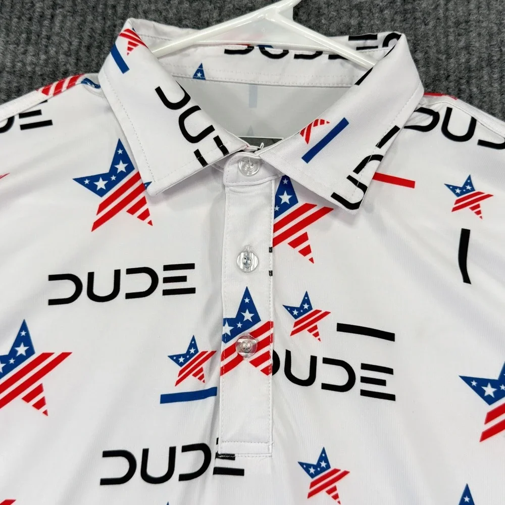 Waggle Polo Shirt Mens XL White USA Flag DUDE Print Golf Stretch Performance - Picture 3 of 9